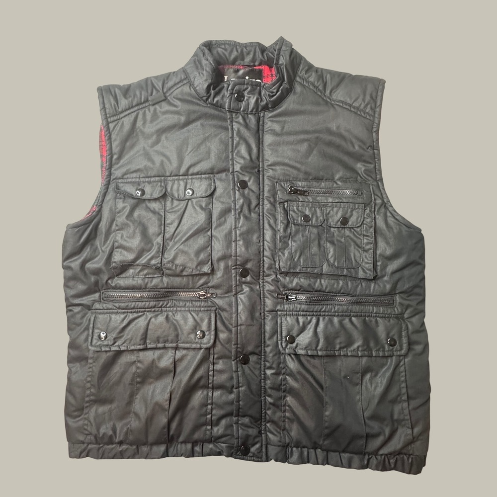 Vintage Lamigo Vest Mens Large Black Multi-Pocket Flannel Lined Utility Puffer